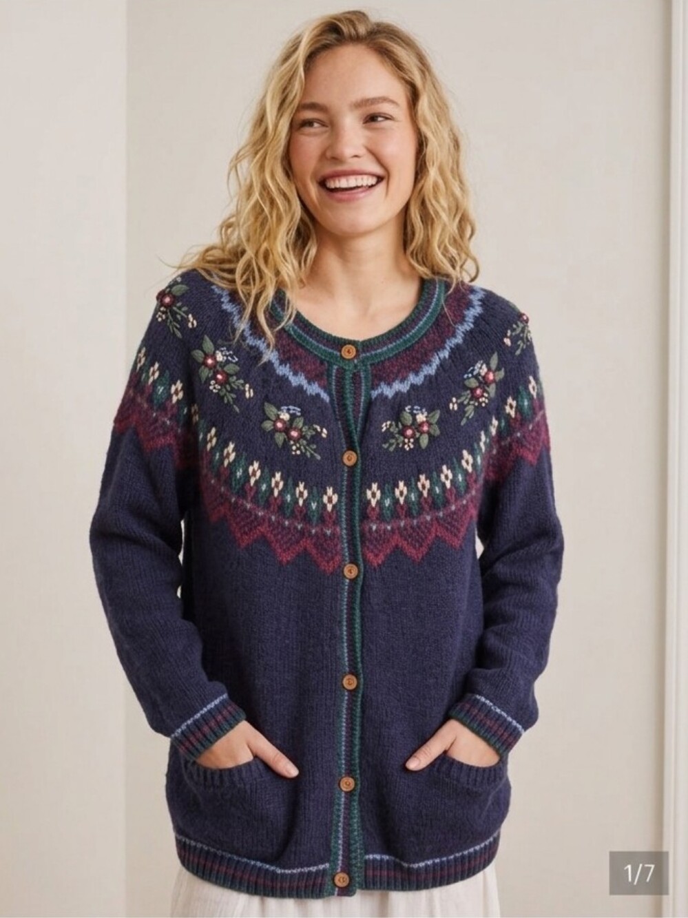Northern Reflection floral knit embroidery cardigan blue oversized Medium B4